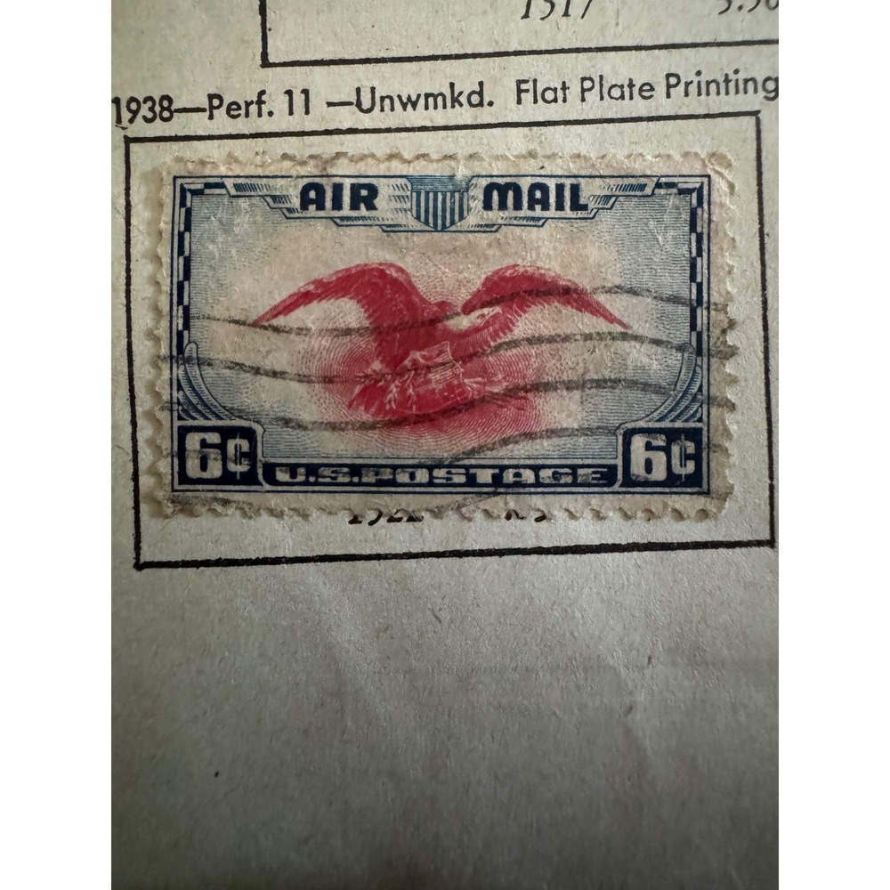 1938 US Air Mail 6c Eagle In Flight Stamp Scott C23 Used Perf 11 Blue Red